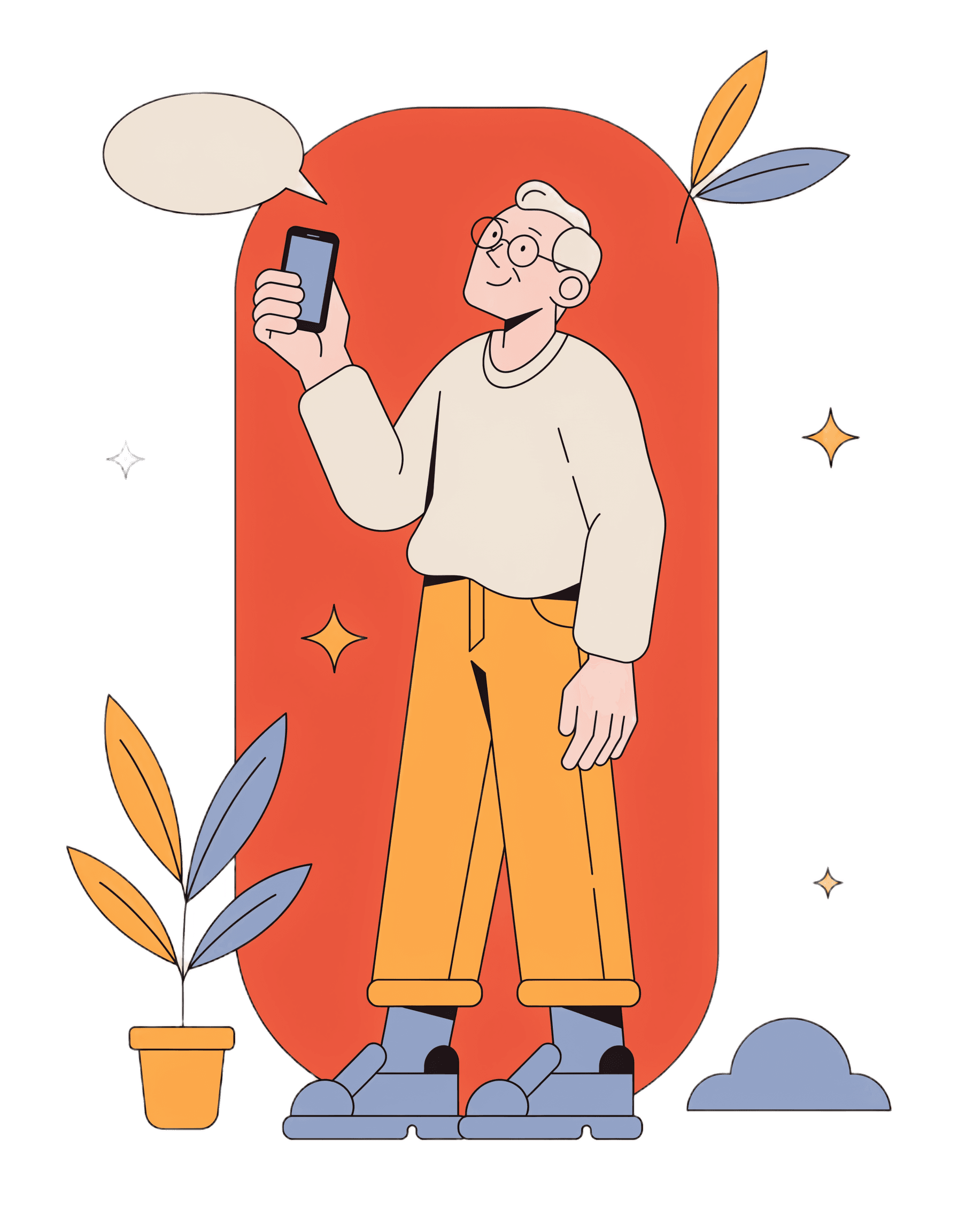 Ilustrácia staršieho človeka, ktorý hľadá pomoc