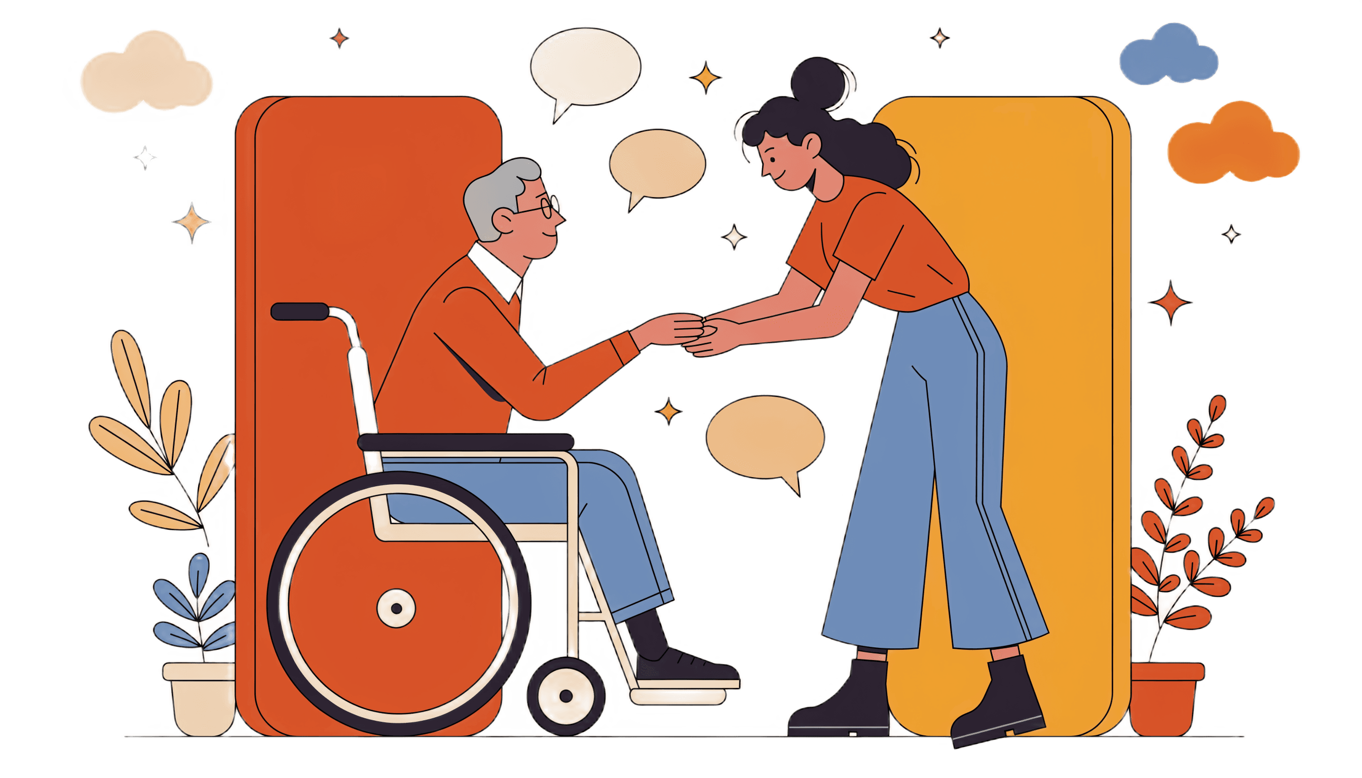 Ilustrácia — starší človek a opatrovateľ si podávajú ruky